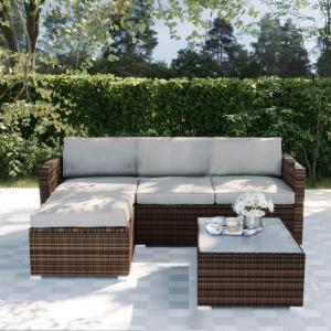 SUNBURY Outdoor Sectional 5-Piece Wicker Patio Furniture Set Sofa Conversation Set w 50,000 BTU Rectangle Fire Pit Coffee Table Wind Guard, Tank Cover, Dark Brown Rattan w Cushions for Backyard(Grey)