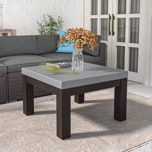 SUNBURY Outdoor Side Table, 26″ W Concrete Coffee Table w Solid Wood Legs, Outdoor Patio Coffee Table, Square Coffee Table for Patio, Garden, Grey(Walnut-square)